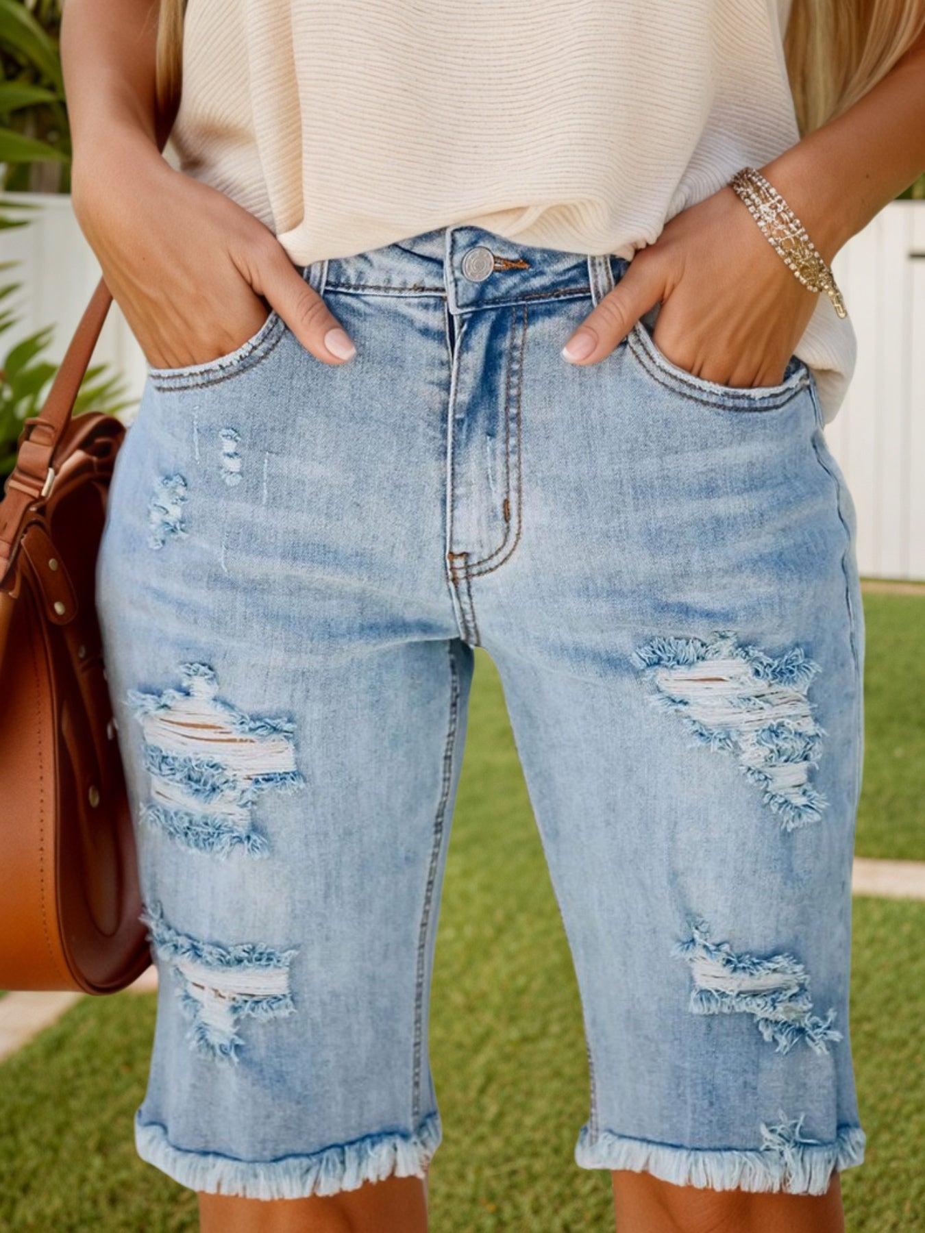 Curve Fit Distressed Denim Shorts