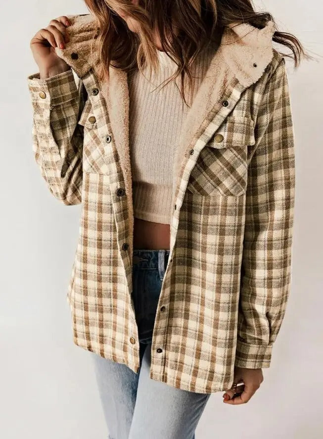 Plaid Hooded Casual Outerwear