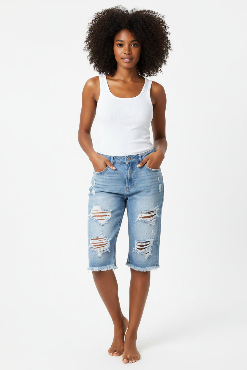 Curve Fit Distressed Denim Shorts