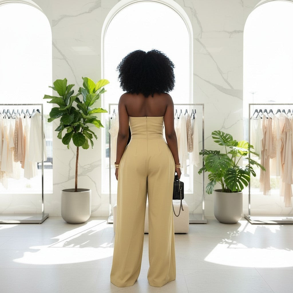 SHES & COMPANY BOUTIQUE khaki strapless wide-leg jumpsuit on a model in a bright, modern boutique setting.