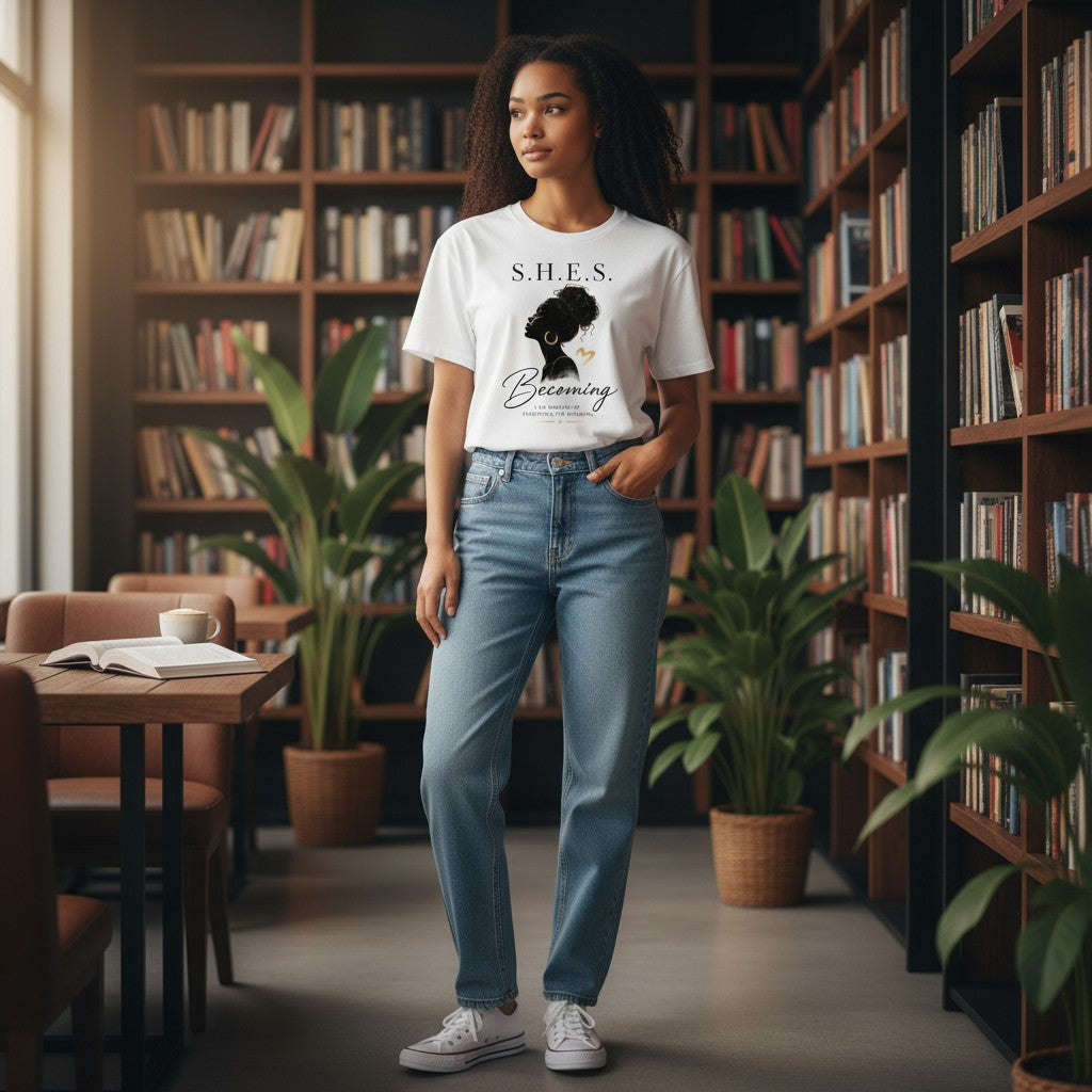 Woman wearing a white SHES & COMPANY BOUTIQUE Becoming graphic tee with blue jeans in a library setting.