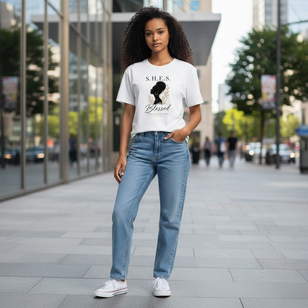Woman wearing a SHES & COMPANY BOUTIQUE white Blessed graphic tee with blue jeans and white sneakers on a city street.