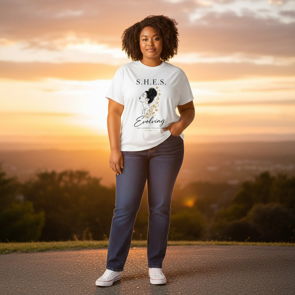 Woman wearing a white SHES & COMPANY BOUTIQUE Evolving graphic tee with jeans at sunset