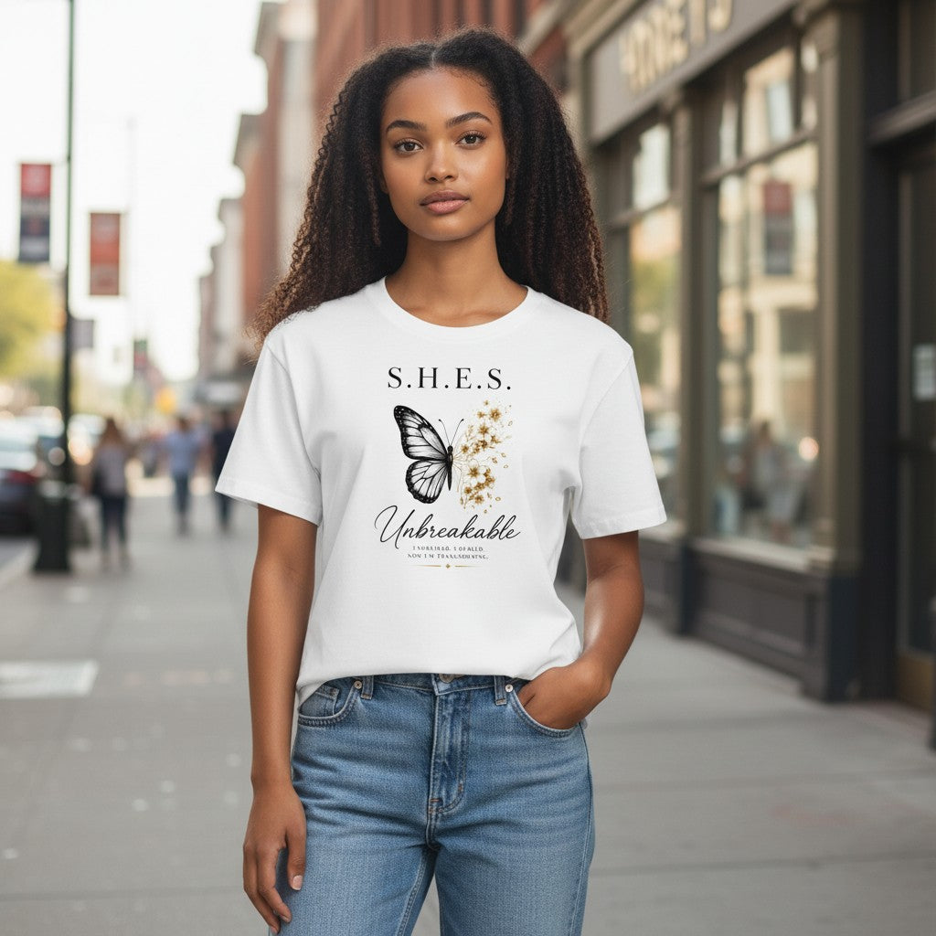 Woman wearing a white SHES & COMPANY BOUTIQUE Unbreakable graphic tee with a butterfly and floral design.